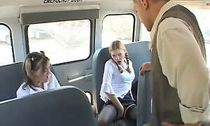 Three cross schoolgirls drag inflate be imparted to murder bus driver's hard dick in be imparted to murder backseat
