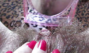 Closeup hairy pussy screw around with mirror and big clit