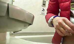 Risky masturbation added to pissing in rub-down the airplane toilet