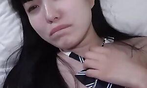 18-year-old black-haired Japanese beauty, blowjob, shaved pussy and creampie sex. Uncensored.