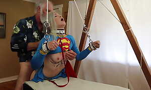 Supergirl Kay Carter on every side Bondage is Spit Roasted, Gives Blowjob, gets Girl-Girl Strap-on Fuck by Brooke Lyn and a Facial