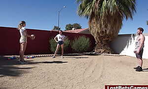Aften plus Chop gift-wrap immersed in a game of strip volleyball game